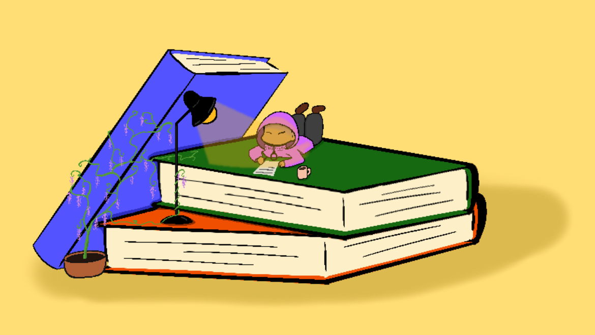 An image of a cartoon character laying on a pile of books writing on a piece of paper.