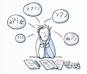 Confused person with thought bubbles