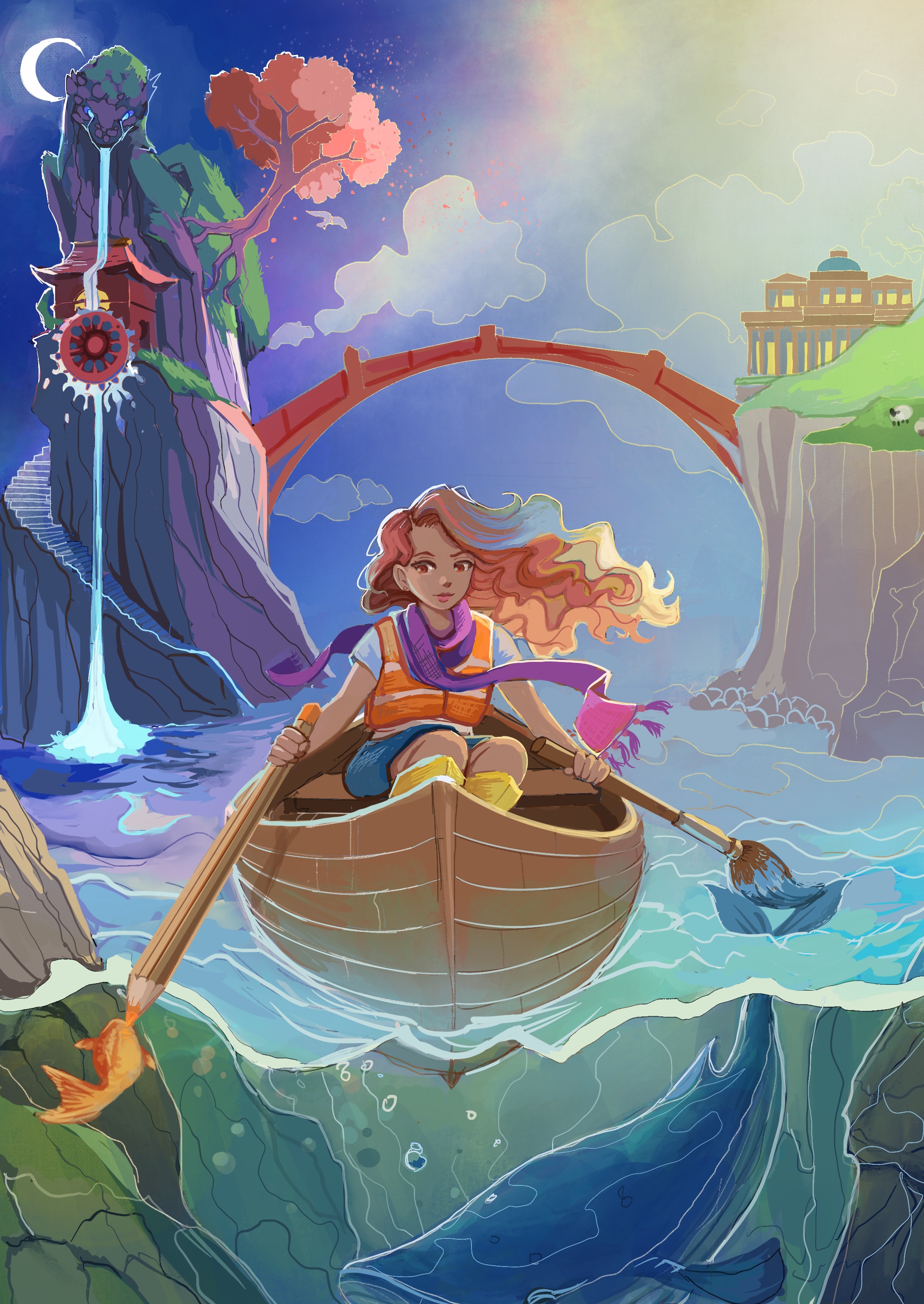 Woman in rowing boat with a brush and pencil for oars with mountains, painting and colouring a whale and a goldfish in the water below her.