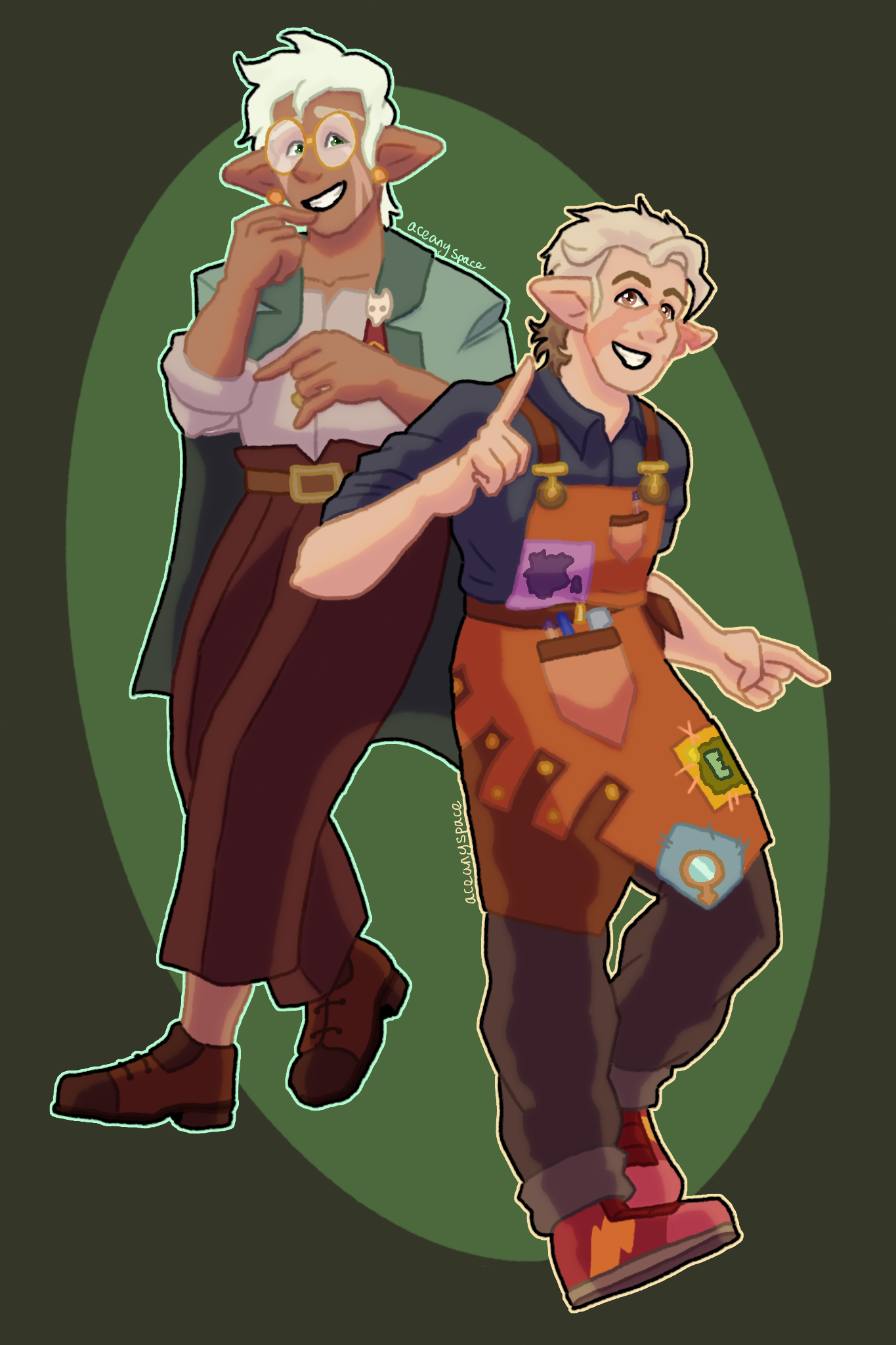 A non-binary figure with elf like ears with very pale, near white hair, round gold-rim glasses. Raine is wearing a pale green blazer on their shoulders, white shirt that comes just below the collarbone, and warm brown, three-quarter length pants and clogs. Next to them is another elf-like eared figure with pale blond hair wearing a dusty blue shirt rolled up to the elbows and a leather apron with various patches on it. Hunter also has a darker brown, dusty trousers cuffed at the ankle and red shoes.