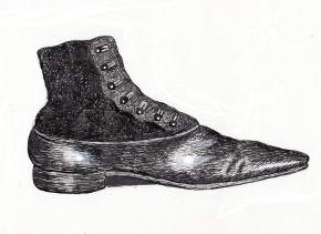 Ink drawing of a boot illustrates the central character needed metaphorical and actual boots to achieve her dream
