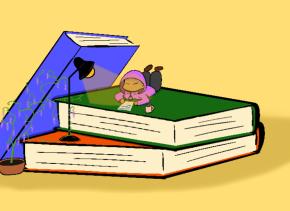An image of a cartoon character laying on a pile of books writing on a piece of paper.
