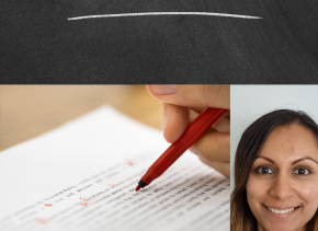 The headshot of a woman (Davina Bhanabhai, authenticity editor) smiling whilst beside two images - one with a black baground wiht the word 'Edit' written in chalk and the second of a hand holding a red pen editing some text on paper.
